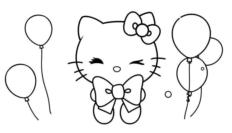 Illustration de coloriage de Hello Kitty avec des ballons de différentes tailles.