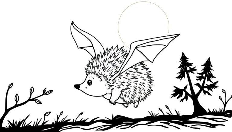 Dessin en noir et blanc d'un hérisson avec des ailes de chauve-souris volant au-dessus d'un paysage stylisé.