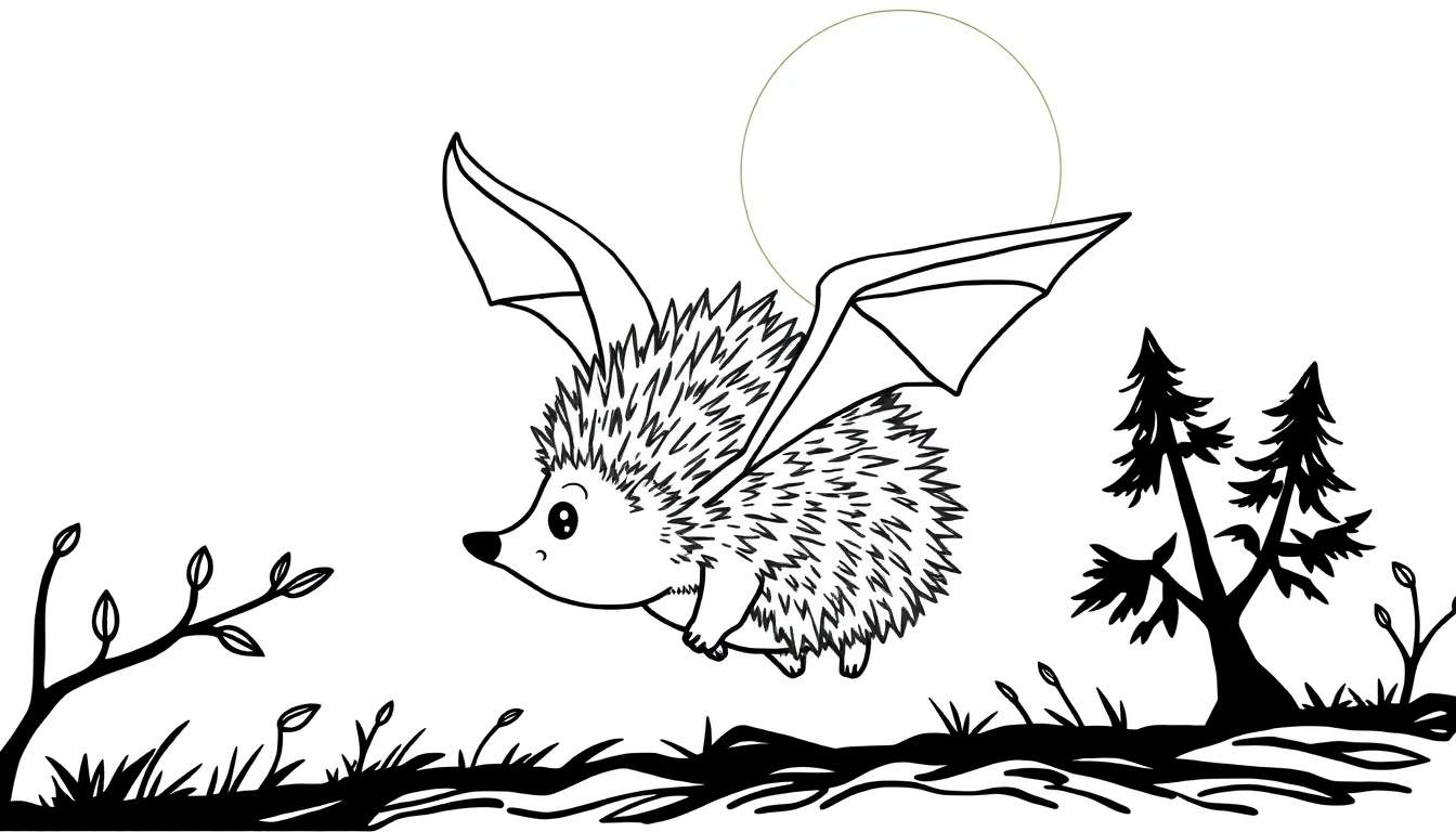 Dessin en noir et blanc d'un hérisson avec des ailes de chauve-souris volant au-dessus d'un paysage stylisé.