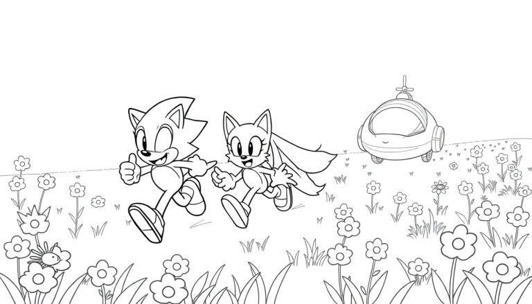 Coloriage d'un hérisson bleu de dessin animé comme Sonic et d'un renard à deux queues souriant courant dans un champ de fleurs, avec une petite voiture à hélice derrière eux.