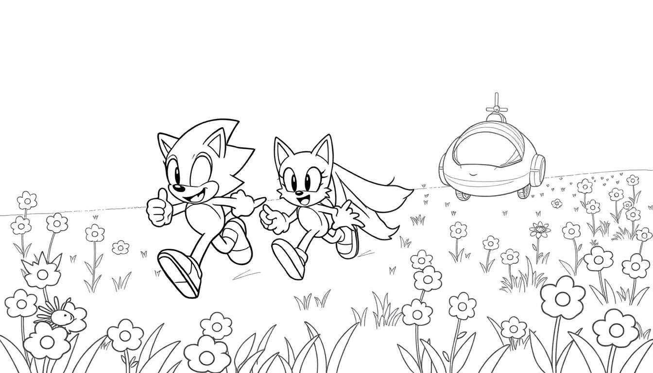 Coloriage d'un hérisson bleu de dessin animé comme Sonic et d'un renard à deux queues souriant courant dans un champ de fleurs, avec une petite voiture à hélice derrière eux.
