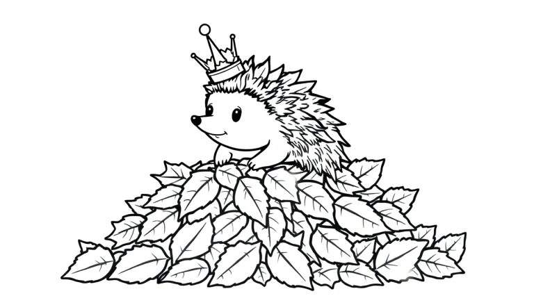 Coloriage d'un hérisson souriant portant une couronne, assis sur des feuilles.