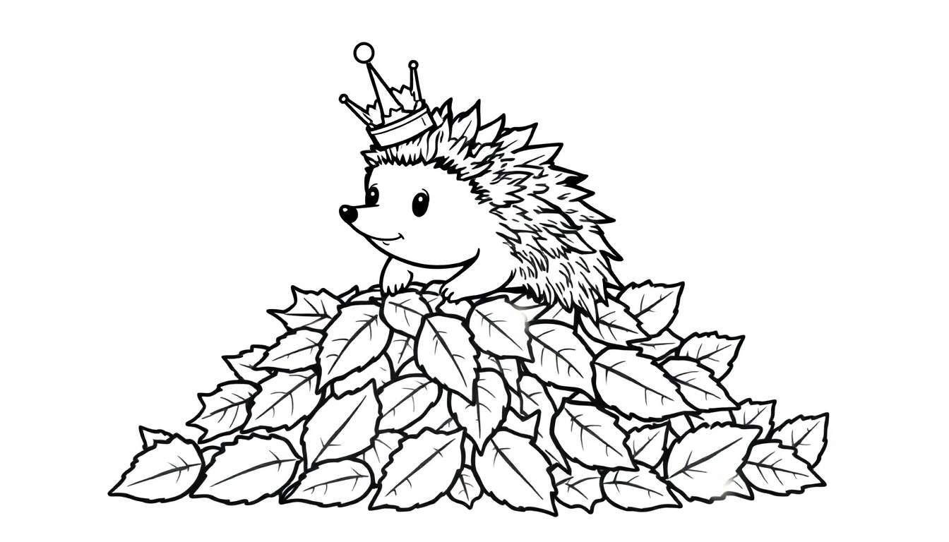Coloriage d'un hérisson souriant portant une couronne, assis sur des feuilles.
