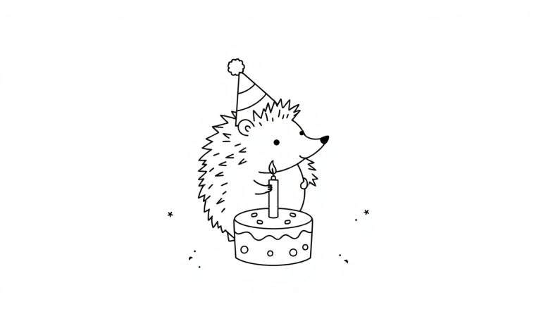 Coloriage d'un hérisson souriant portant un chapeau de fête et tenant une bougie sur un gâteau, avec des étoiles et des points autour.