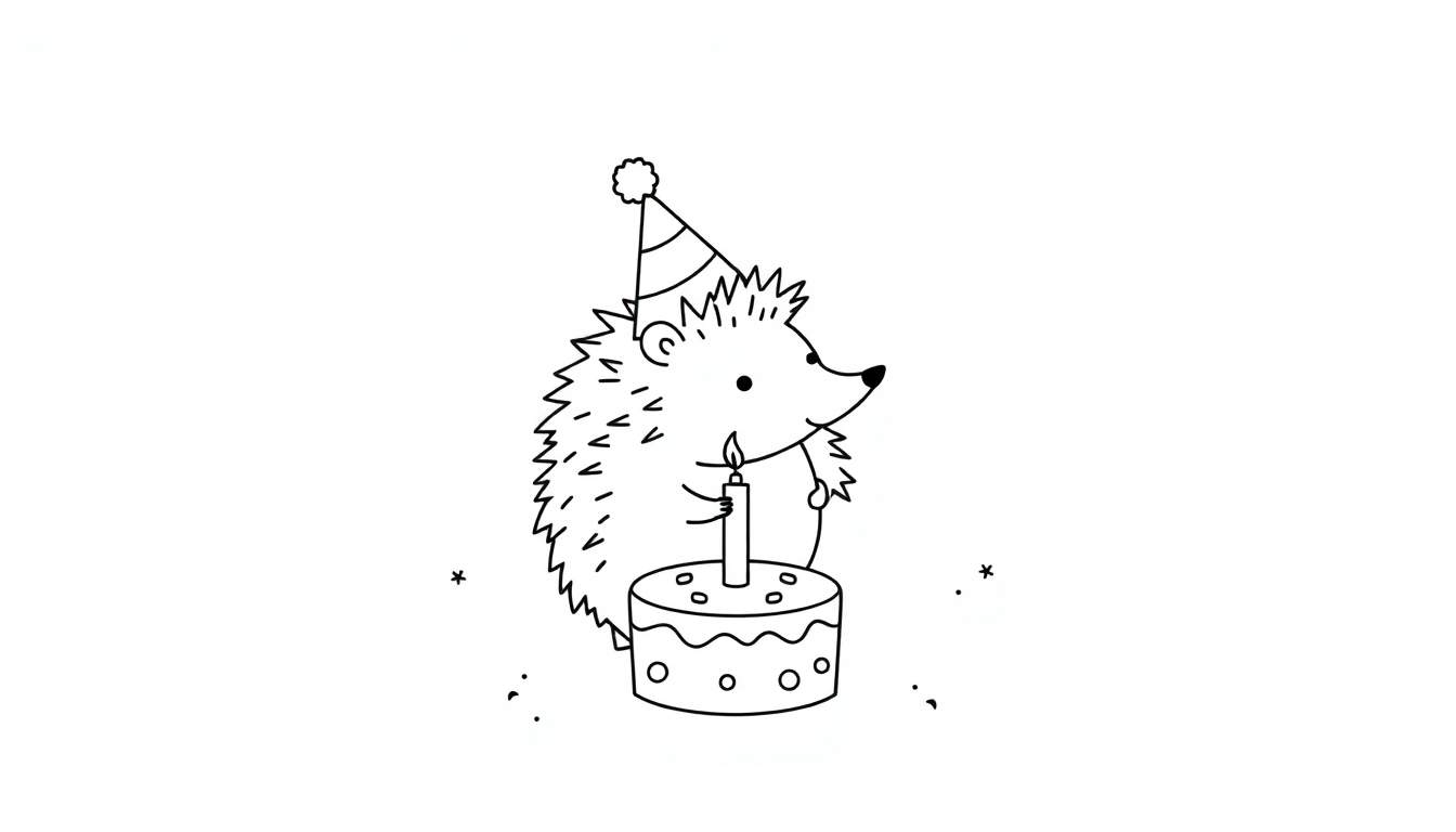 Coloriage d'un hérisson souriant portant un chapeau de fête et tenant une bougie sur un gâteau, avec des étoiles et des points autour.