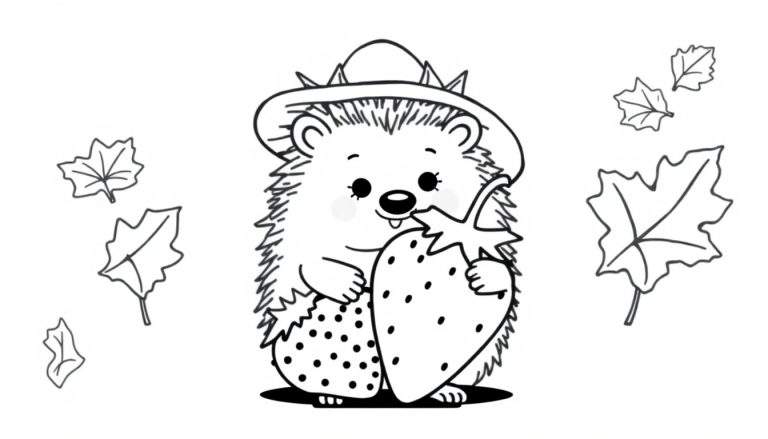 Dessin au trait noir et blanc d'un hérisson portant un chapeau, tenant deux fraises, avec des feuilles tombées.