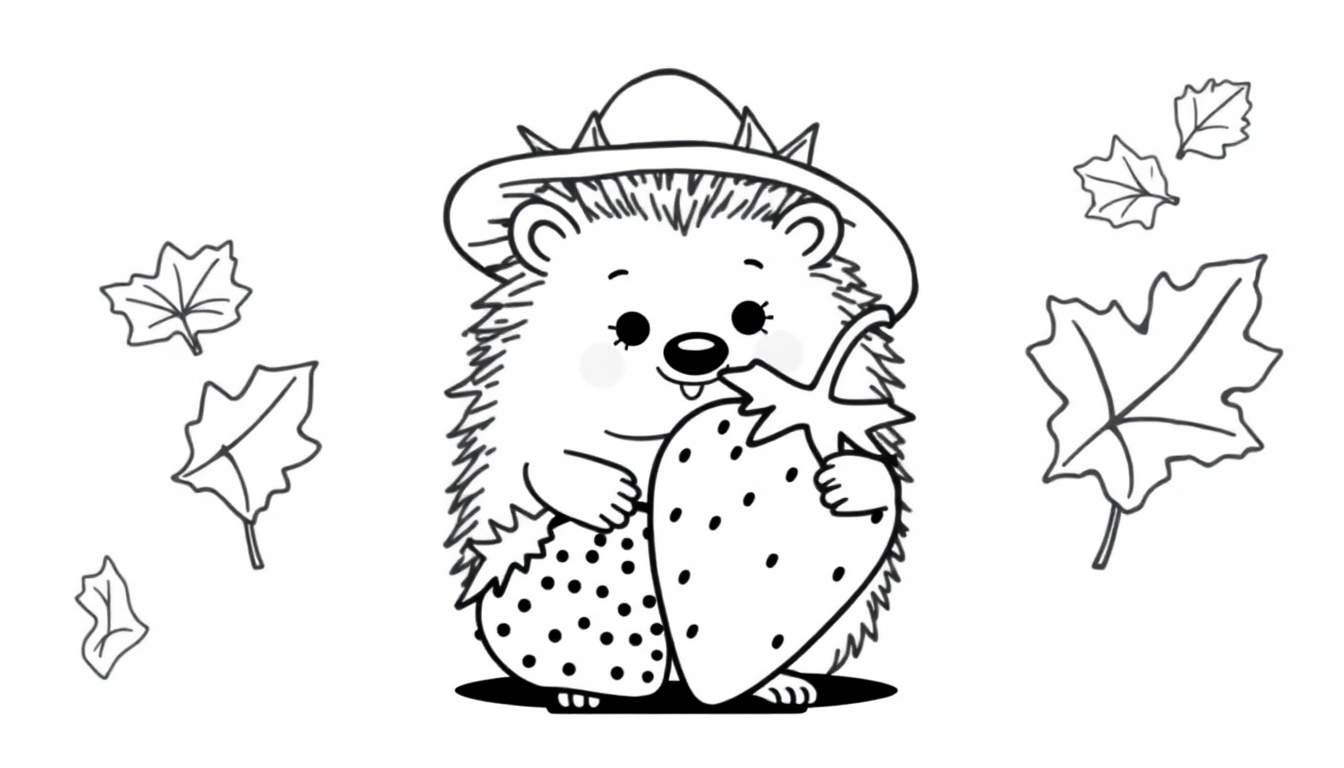 Dessin au trait noir et blanc d'un hérisson portant un chapeau, tenant deux fraises, avec des feuilles tombées.