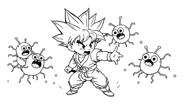 Dessin à colorier d'un jeune combattant style Dragon Ball Z face à des créatures rondes ressemblant à des bactéries.