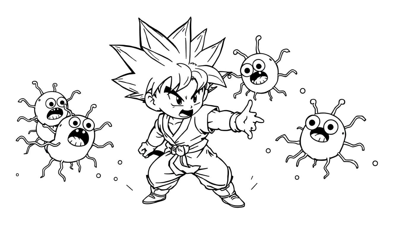Dessin à colorier d'un jeune combattant style Dragon Ball Z face à des créatures rondes ressemblant à des bactéries.