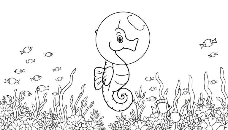 Dessin au trait noir et blanc d'un hippocampe souriant entouré de poissons, d'algues et de coraux, prêt à être colorié.