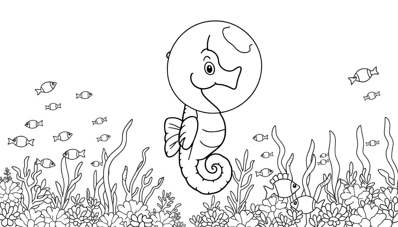 Dessin au trait noir et blanc d'un hippocampe souriant entouré de poissons, d'algues et de coraux, prêt à être colorié.
