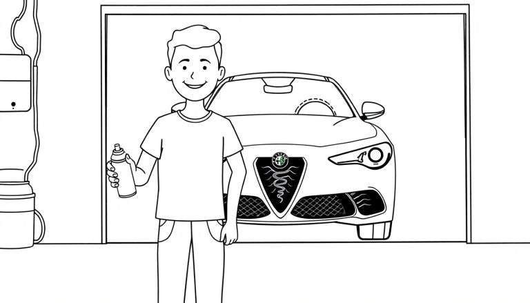 Coloriage d'un homme souriant tenant une bombe aérosol à côté d'une voiture dans un garage.