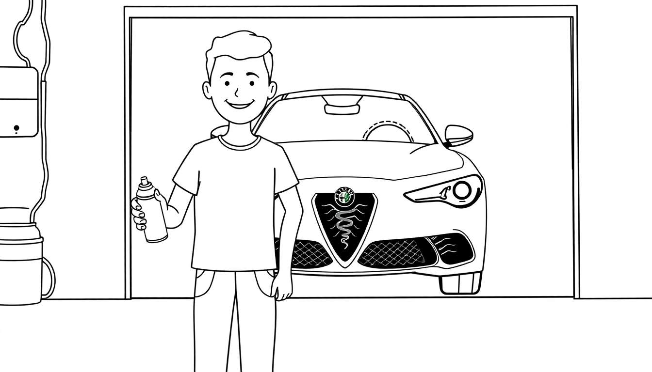 Coloriage d'un homme souriant tenant une bombe aérosol à côté d'une voiture dans un garage.