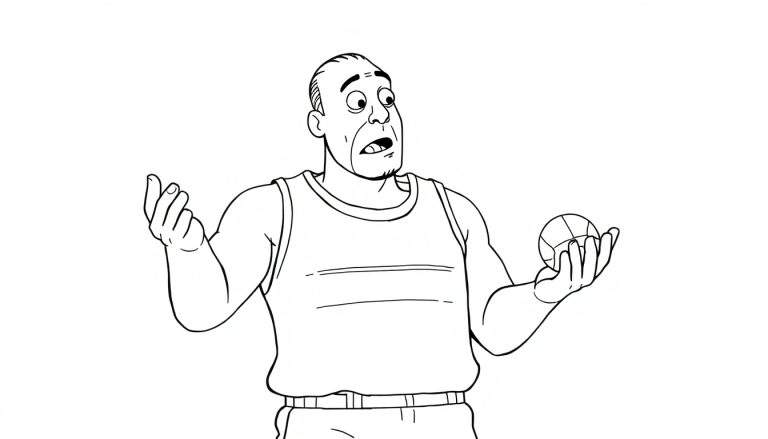 Dessin au trait d'un homme en débardeur, tenant une balle et levant une main en signe d'interrogation, avec une expression surprise.