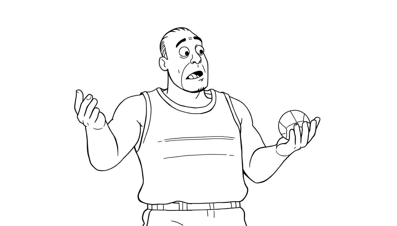 Dessin au trait d'un homme en débardeur, tenant une balle et levant une main en signe d'interrogation, avec une expression surprise.