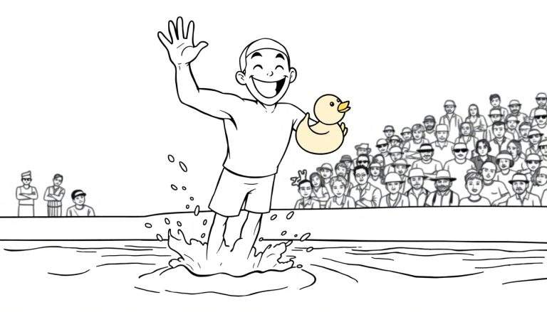 Coloriage d'un homme faisant un plongeon dans l'eau, tenant un canard en plastique jaune, avec une foule applaudissant derrière lui.