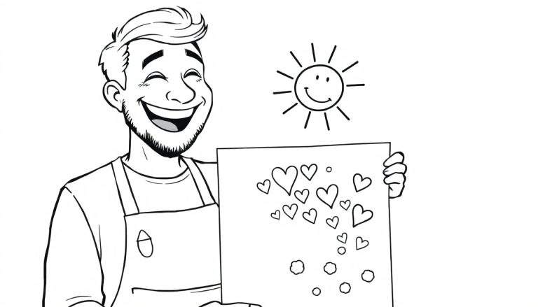 Coloriage d'un homme souriant tenant une feuille avec des cœurs, sous un soleil joyeux.
