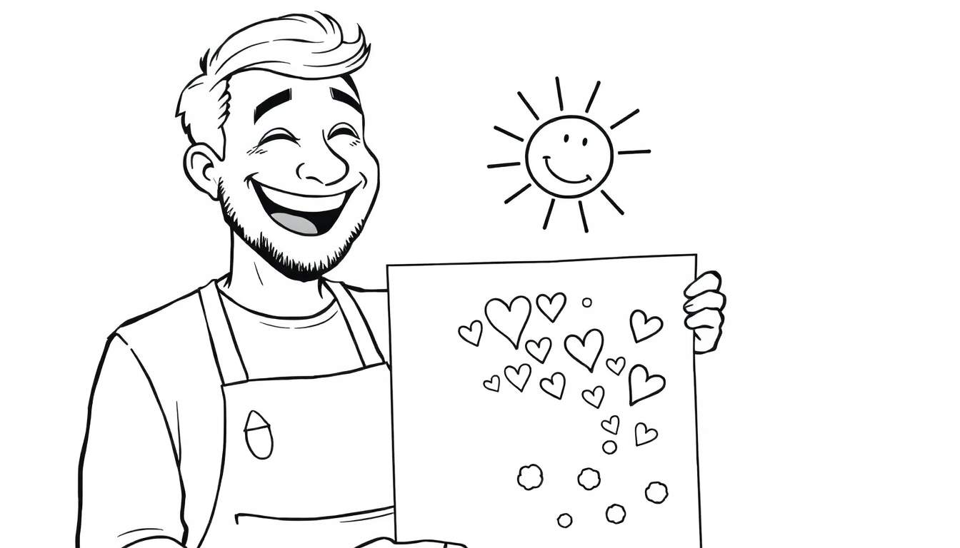 Coloriage d'un homme souriant tenant une feuille avec des cœurs, sous un soleil joyeux.
