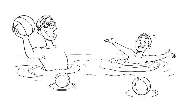 Coloriage de deux hommes dans l'eau, un avec des lunettes tenant un ballon de plage, l'autre joyeux avec les bras levés, entourés de ballons flottants.