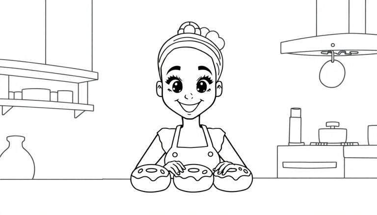 Dessin au trait d'une jeune femme en tablier, chignon, tenant trois donuts dans une cuisine.