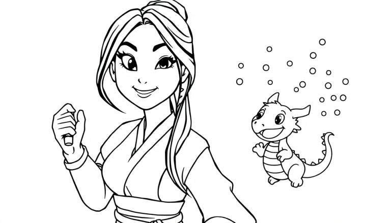 Coloriage d'une jeune femme avec un dragonnet joyeux entouré de bulles.