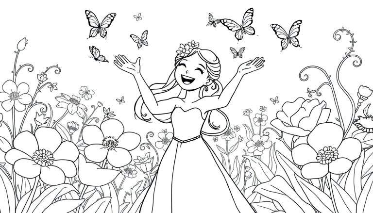 Dessin au trait d'une jeune femme joyeuse avec une couronne de fleurs, les bras levés, entourée de fleurs et de papillons.