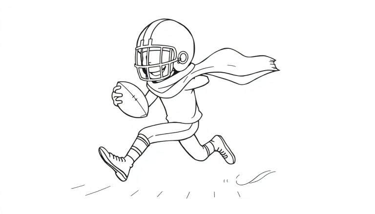 Dessin au trait noir et blanc d'un joueur de football américain stylisé en action, courant avec un ballon. Le joueur porte un casque, un uniforme et une écharpe qui flotte, avec des lignes de mouvement derrière lui.