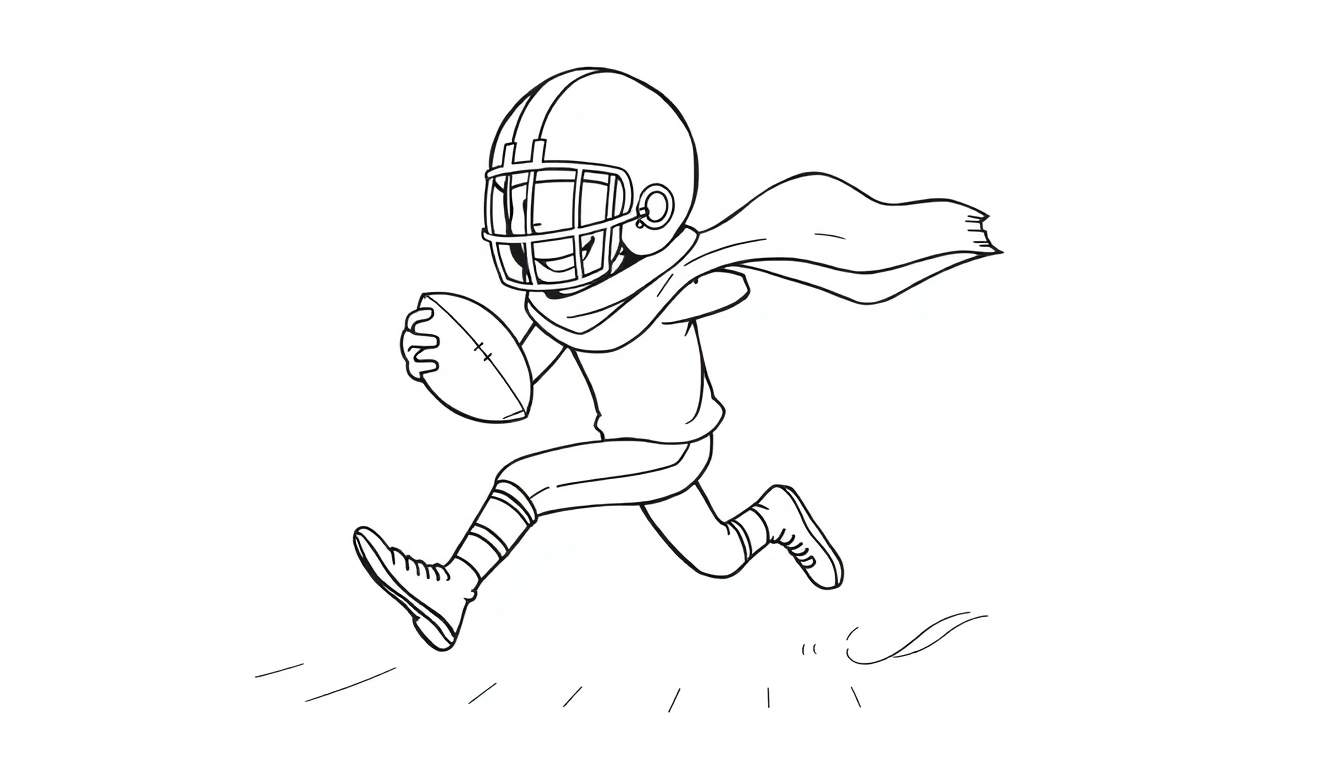 Dessin au trait noir et blanc d'un joueur de football américain stylisé en action, courant avec un ballon. Le joueur porte un casque, un uniforme et une écharpe qui flotte, avec des lignes de mouvement derrière lui.
