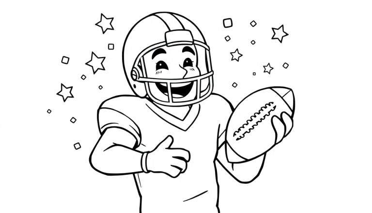 Coloriage d'un joueur de football américain cartoon, souriant, tenant un ballon, avec des étoiles et des carrés.