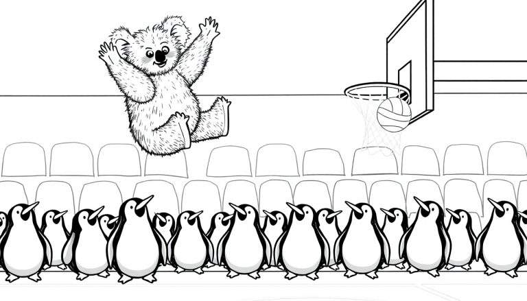 Dessin à colorier d'un koala sautant pour marquer un panier de basket avec un ballon tombant dans le filet, observé par une foule de pingouins alignés dans les gradins.