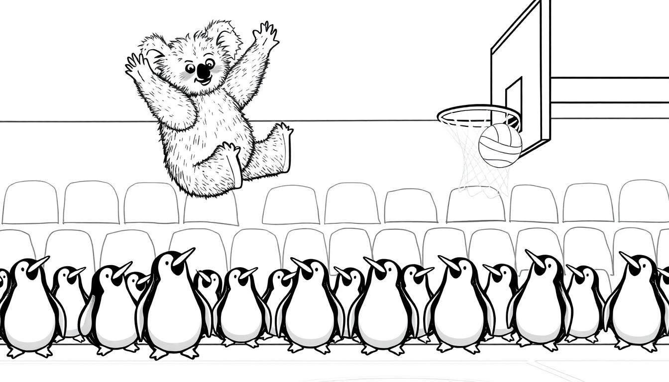 Dessin à colorier d'un koala sautant pour marquer un panier de basket avec un ballon tombant dans le filet, observé par une foule de pingouins alignés dans les gradins.