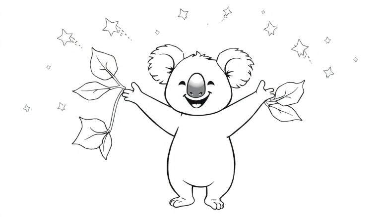 Dessin au trait noir et blanc d'un koala heureux avec des étoiles et des étoiles filantes.