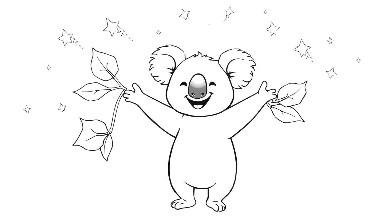 Dessin au trait noir et blanc d'un koala heureux avec des étoiles et des étoiles filantes.