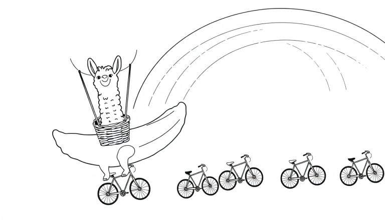 Coloriage d'un lama heureux dans un panier sous un ballon, survolant des vélos.