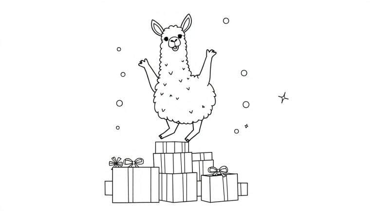 Colloriage d'un lama heureux sur des cadeaux avec des confettis.