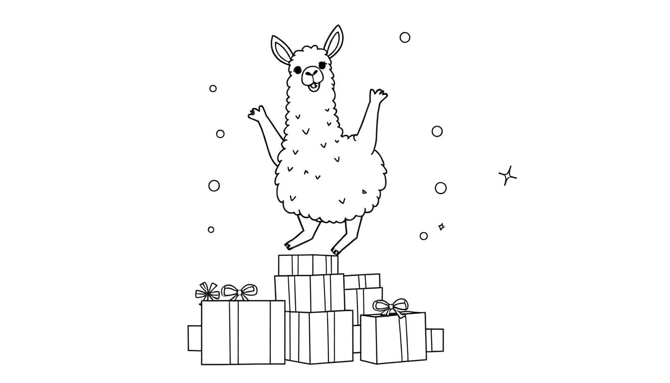 Colloriage d'un lama heureux sur des cadeaux avec des confettis.