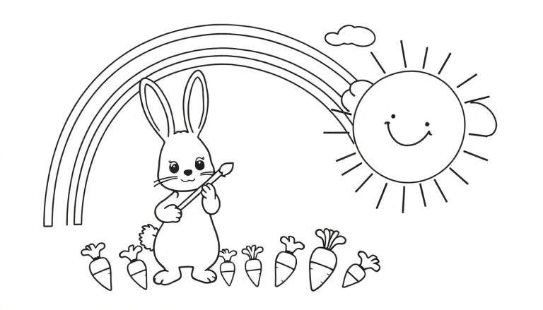 Dessin au trait d'un lapin tenant un pinceau, devant un arc-en-ciel, avec un soleil souriant et des carottes.