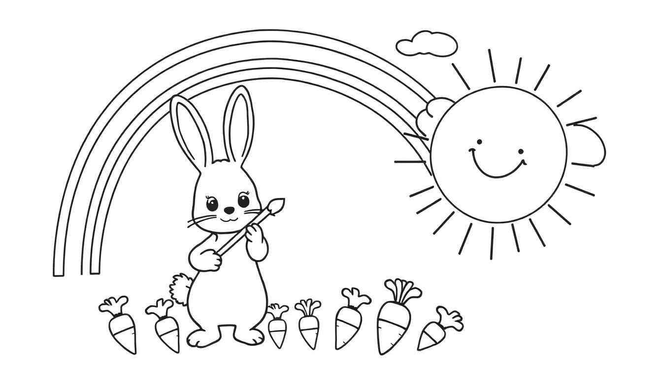 Dessin au trait d'un lapin tenant un pinceau, devant un arc-en-ciel, avec un soleil souriant et des carottes.