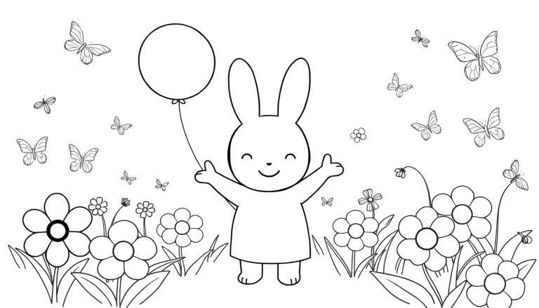 Un lapin de dessin animé tenant un ballon, entouré de fleurs et de papillons sur une page de coloriage.