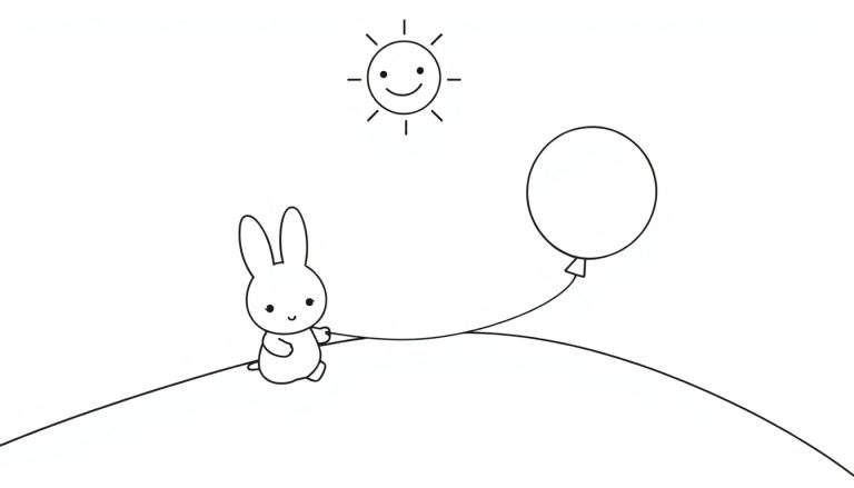 Coloriage d'un lapin souriant assis avec un ballon, sous un soleil joyeux.