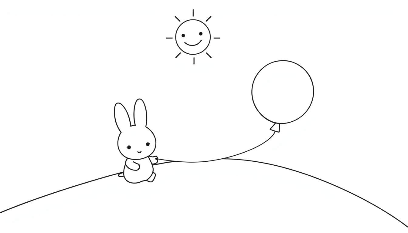 Coloriage d'un lapin souriant assis avec un ballon, sous un soleil joyeux.