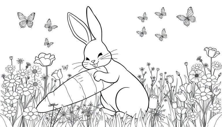 Un lapin tenant une carotte, entouré de fleurs et de papillons, dans un dessin au trait pour coloriage.