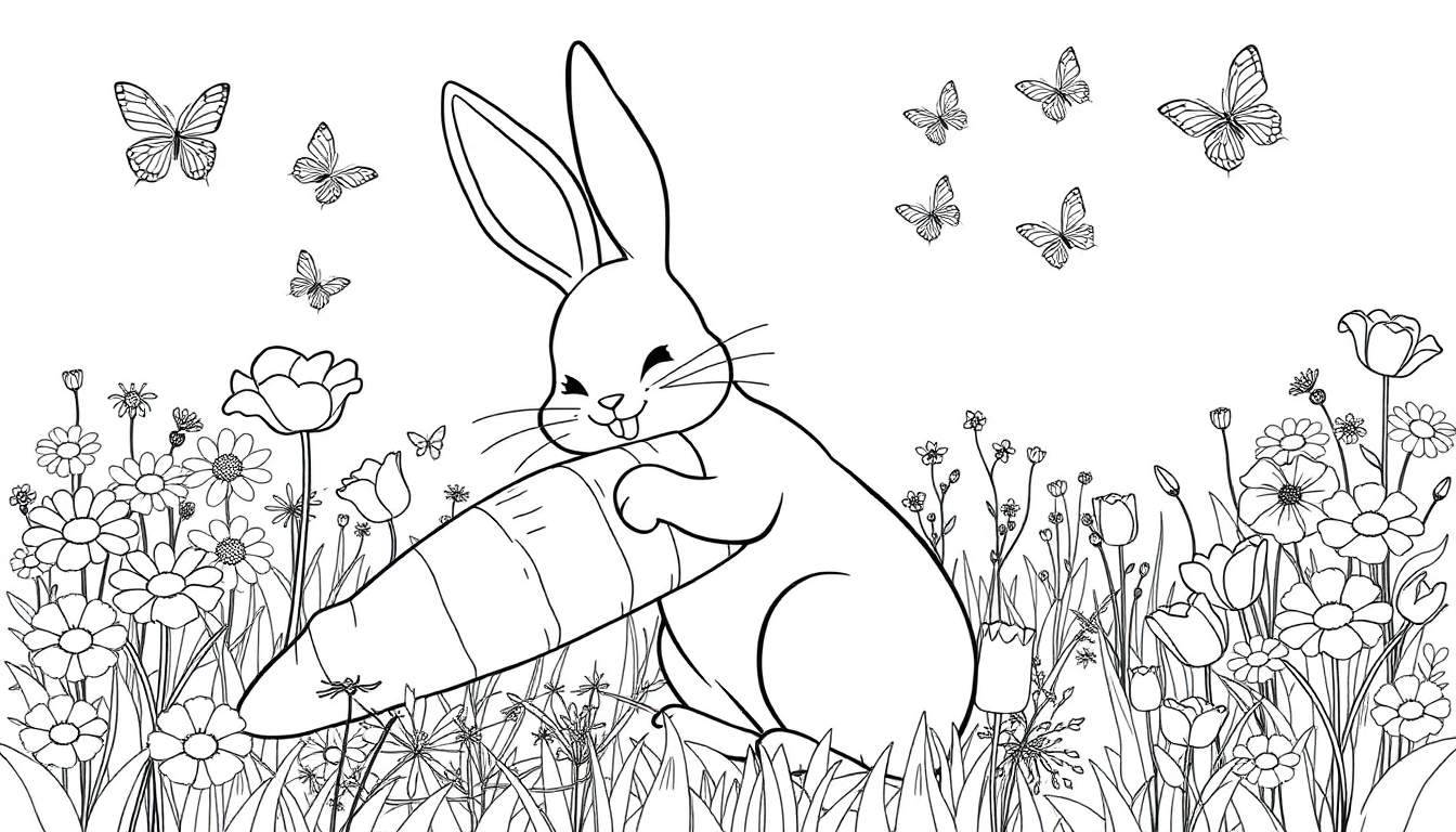 Un lapin tenant une carotte, entouré de fleurs et de papillons, dans un dessin au trait pour coloriage.