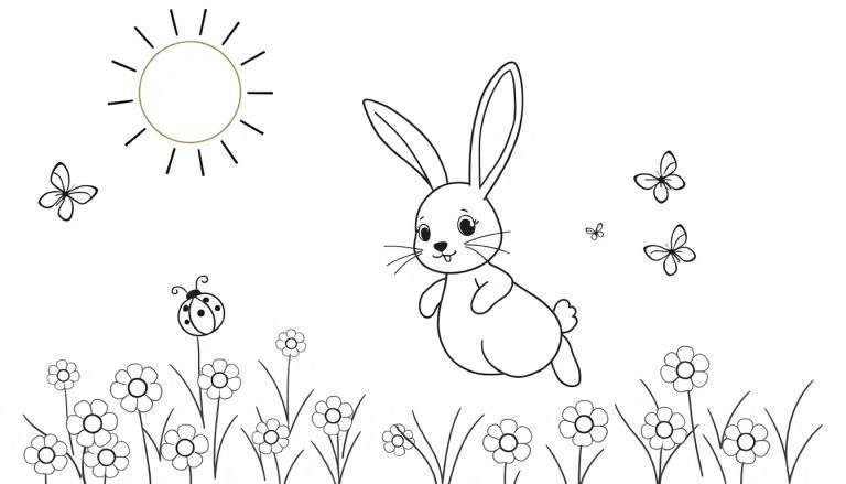 Dessin à colorier d'un lapin qui saute dans un champ de fleurs avec un soleil et des papillons.