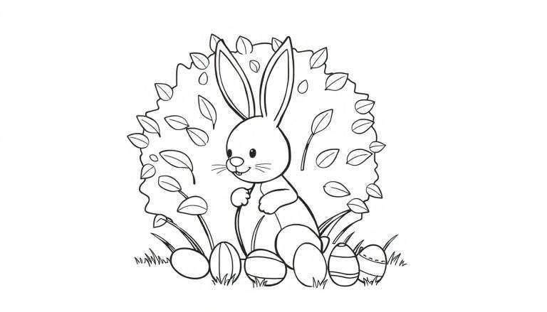 Dessin au trait noir et blanc d'un lapin de Pâques entouré d'œufs de Pâques et de végétation, prêt à être colorié par les enfants.