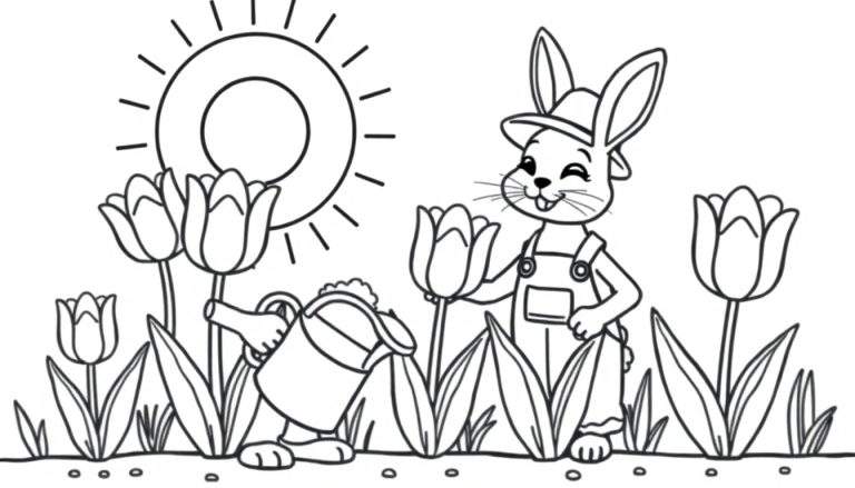 Coloriage d'un lapin cool arrosant des tulipes dans un jardin ensoleillé.