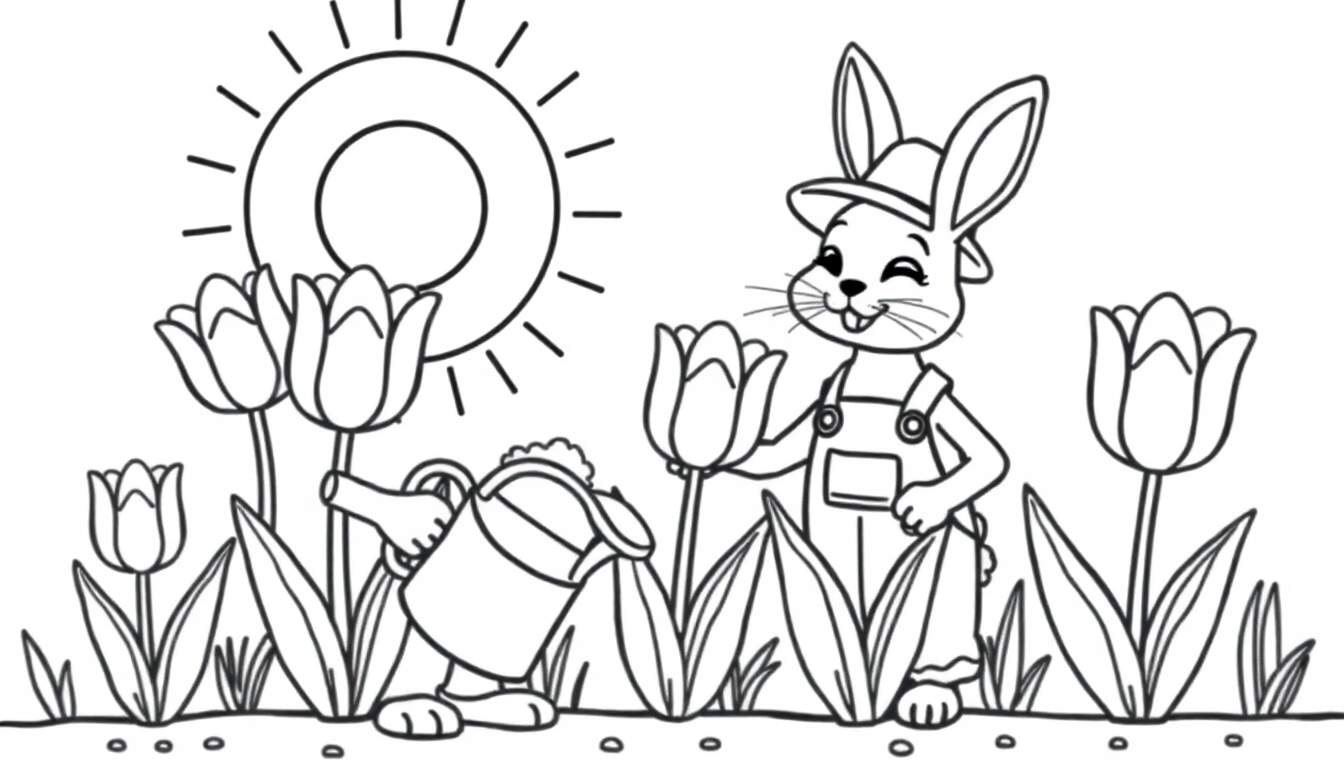Coloriage d'un lapin cool arrosant des tulipes dans un jardin ensoleillé.