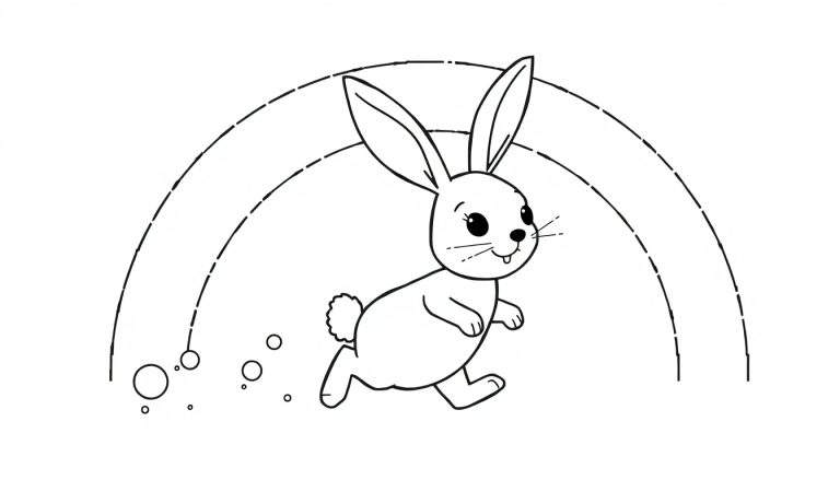 Page de coloriage d'un petit lapin mignon avec de grandes oreilles, un sourire et une dent, courant sous un arc-en-ciel dessiné. Des points sont visibles en bas.