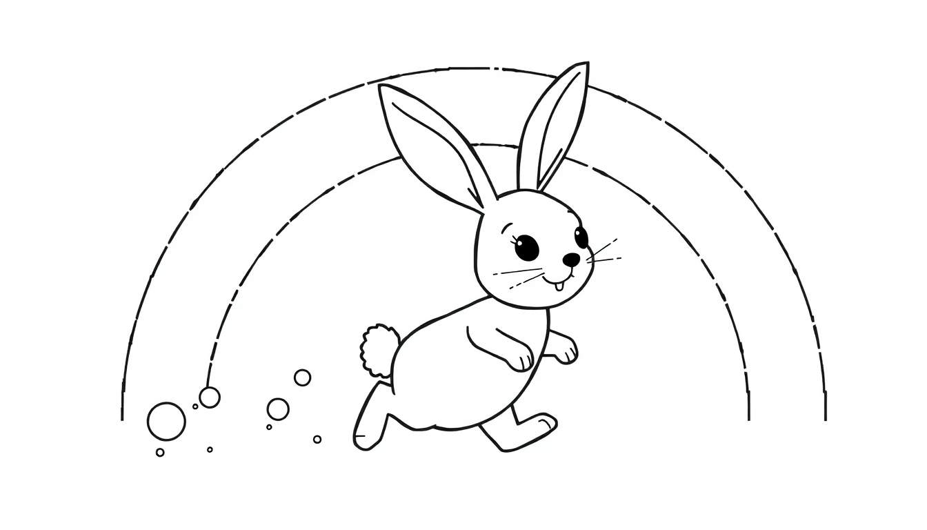 Page de coloriage d'un petit lapin mignon avec de grandes oreilles, un sourire et une dent, courant sous un arc-en-ciel dessiné. Des points sont visibles en bas.