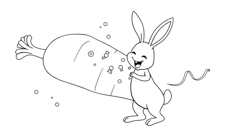 Dessin au trait noir et blanc d'un lapin joyeux riant à côté d'une très grosse carotte décorée de bonbons, avec des bulles et une queue en ruban.